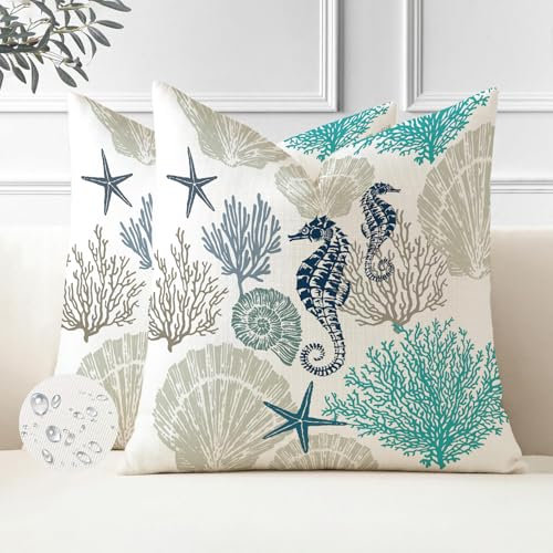 Miuyunya wasserdichte Kissenbezüge Petrol Grün 2er Set Outdoor Ozean Strand Kissen Maritim Seepferdchen Kissenbezug 40x40 Dunkelgrün Kissenhülle Dekorativ für Garten Sofa Wohnzimmer Sommer Frühling