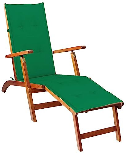 Myheimly Akazienholz Massiv Liegestuhl mit Fußstütze Auflage Deckchair Holzliege Gartenmöbel Liege Relaxliege Gartenliege Sonnenliege Grün