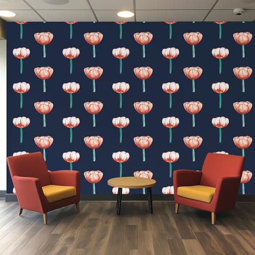 Tulip Floral Wallpaper, Pink Navy Blue Vintage Botanical Wallpaper Mural, Non-Woven Decor Wall Paper, Photo Mural for Room, Hallway, Lounge, 300cmx210cm