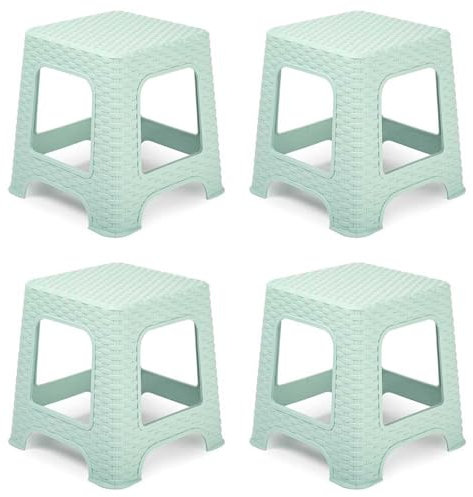 Acan Tradineur - Pack de 4 taburetes de plástico Rattan, imitación de Mimbre, banqueta Multiusos, Cocina, salón, Fabricado en España (Verde Pastel - 33 x 32,5 x 32,5 cm)