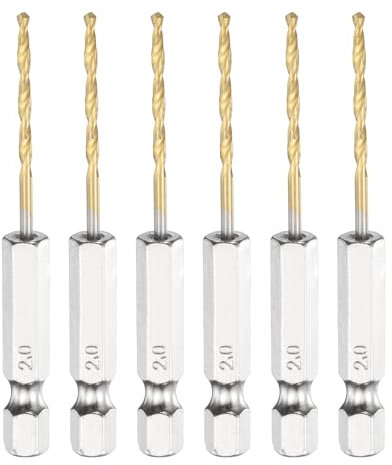 sourcing map 6pcs 1/4 Hex Shank Titanium Twist Drill Bit 2mm Drilling Dia 67mm Length High Speed Steel Drills for Hardened Metal, Stainless Steel, Cast Iron, Wood, Plastic