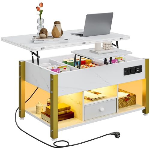 YITAHOME Couchtisch mit Höhenverstellbarer, 4-in-1-Multifunktions-Couchtisch mit Stauraum und LED Beleuchtung, Couchtisch lässt Sich in einen Esstisch für das Wohnzimmer umwandeln, Weißer Marmor