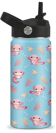 ROVOZAR Axolotl Water Bottle 16oz - Axolotl Stainless Steel Water Bottle with Straw - Cute Axolotls Insulated Cup for Girls Boys - Axolotls Kids Tumbler for School, Sports, Travel