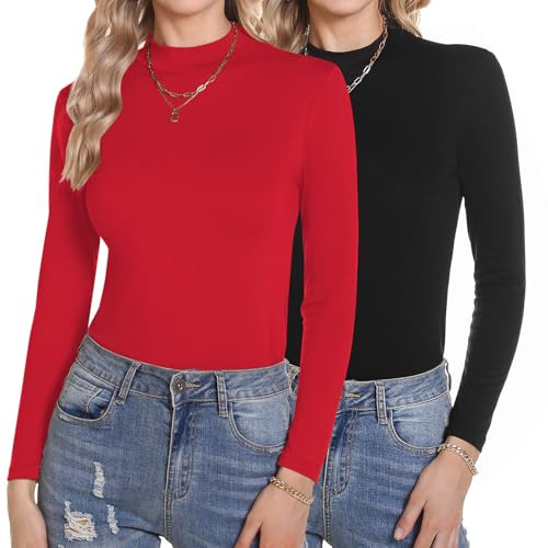 Aottori Womens 2 Pack Long Sleeve Tops Ladies Turtle Neck Thermal Base Layer Underwear Lightweight Cotton T Shirts Basic Polo Neck Pullover