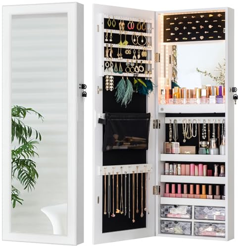 LUXFURNI Miroir pleine longueur avec rangement, miroir à 79 lumières LED, armoire à bijoux murale ou à suspendre à une porte, miroir de maquillage intégré, blanc