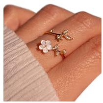 JALZEMPL Birthstone Flower Rings For Women Non Tarnish Gemstone Cubic Zirconia Mother of Pearl Adjustable Size 7-11 Silver Rose 14K Gold Plated Birth Jewelry Gift For Birthday