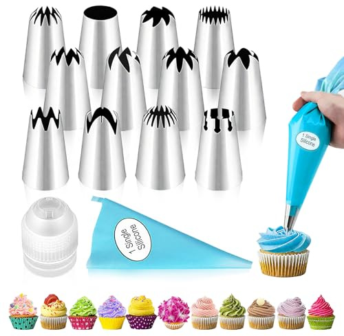 Large Piping Tips Set - 14pcs Reusable Stainless Steel Icing Nozzles Kit Cake Decorating Tools For Cupcake Cookie Pastrys Dough
