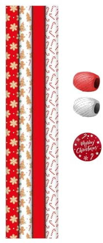 Gift Wrap Pack 4 x 2 Metre Rolls, 2 Metre Raffia, 8 Tags Present Christmas Wrapping Paper Set - Xmas Festive Holiday Red White Snowflake Gingerbread Candy Cane