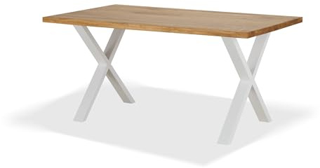 KHG Esszimmertisch Massivholz Eiche geölt mit X-Gestell Weiß - 160 x 90 cm - für 4-6 Personen - moderner Esstisch mit stabilem Metallgestell, Küchentisch bis 100 kg belastbar
