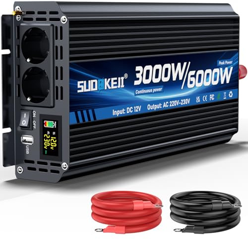 Onduleur 12V 230V 3000W/6000W Convertisseur De Tension Onduleur à Onde Sinusoïdale Modifiée avec 2 Prises Ca Et Port USB Et Type-C pour Voitures, Camping-Cars Et Véhicules