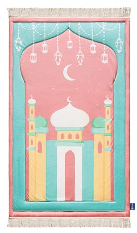 My Salah Mat Muslim Prayer Rug - Thick Large Padded Sajadah for Toddlers & Kids by Urban Rugs UK - Soft Islamic Mat Great for Knees Forehead Eid Ramadan Travel (Pink (Mumbai Mosque Design))