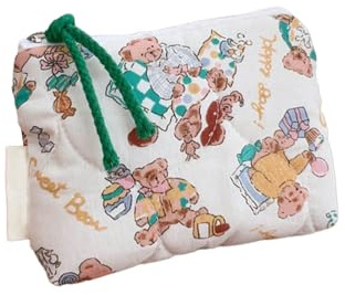 AMISENK Quilted Makeup Bag Cotton Coin Purse Cute Flower Pattern Portable Storage Change Pocket for Women Girls Makeup