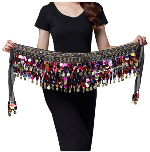 Damen Pailletten Bauchtanz Hüfttuch Chiffon Hüfttücher Indischer Tanz Gürtel, Bauchtanz Gürtel, Schwarz goldmünzen Rock Für Frauen Festival Tanzkleidung Festival Outfit