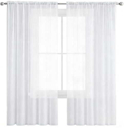 LONGCAO Vorhänge Durchsichtig Kinderzimmer 55 x 110 cm Voile Polyester Transparent Wohnzimmer Luftig Dekoschal Küchengardinen Schlaufenschal für Mädchenzimmer Wohnzimmer, Weiß