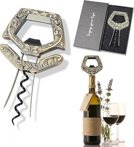 OHAANYY Tire-Bouchon Bilame, Ouvre-Bouteille pour Vin Millésimé, Bronze | Extracteur de liège ancien à deux broches, décapsuleur 3-en-1 en acier inoxydable contre bouchons fragiles, présent œnologie