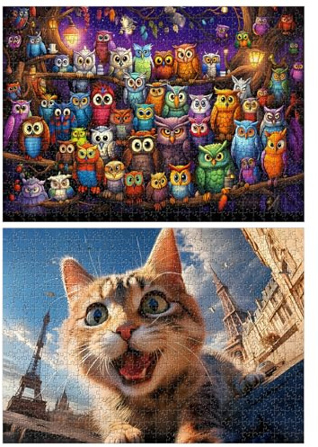 2-Pack Jigsaw Puzzles, 1000pcs Owl & Cat Theme Challenging
