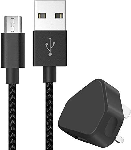 IWIO 3 Pin UK USB Mains Charger Adapter 1000 mAh / 1 AMPwith USB 2.0 Micro USB Sync and Charge Cable 1 Meter compatible with Alba 5 Inch 3G Mobile Phone - BLACK