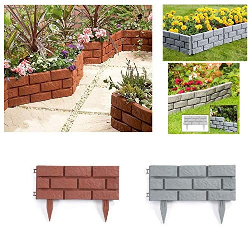 Pack of 8 Plastic Brick Effect Lawn Garden Grass Edging Skirting Border Picket Fence in 2 Colours For Great Garden Finish (Terracotta)