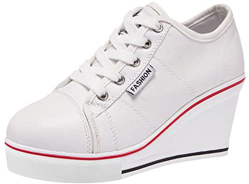 ANUFER Mujer Tacón de Cuña con Cordones Lona Zapatos Deportivos Alpargatas SN02435 Blanco EU38.5