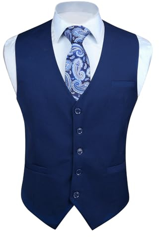 Enlision Anzugweste Herren Navy Blau Formelle Weste Hochzeit Einfarbige Anzugwesten Elegant Business Westen Männer mit Taschen XL