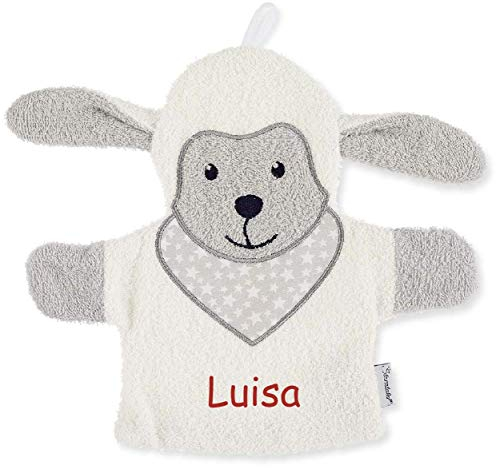 Sterntaler Spiel-Waschhandschuh mit Namen bestickt, Schaf Flocke, Lamm Waschlappen für Kinder & Babys personalisiert