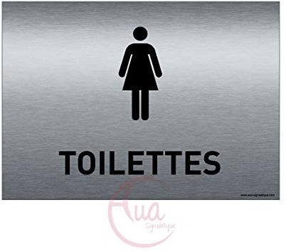 AUA SIGNALETIQUE - Plaque de porte Aluminium brossé imprimé AluSign - 210x150 mm - Double Face adhésif au dos (Toilettes Femme)
