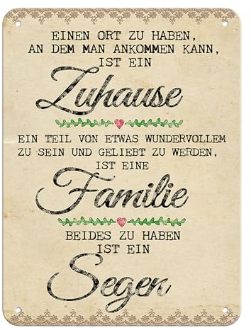 PR Print Royal Blechschild mit Spruch - Zuhause und Familie ist EIN Segen - Geschenkidee/Familie/Einzug/Türschild/Wandschild - Hochformat DIN A5