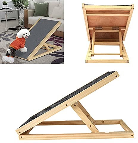 EFAN Dog Ramp Folding Pet Ramp Car Dog Ladder - Height Adjustable with Non-slip Carpet Safety Pets Ladder, Portable Solid Wooden Dog Ramp for travel (L70xW35cm, H30-40cm)