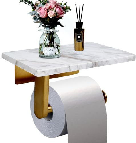 Toilet Paper Holder with Natural Marble Shelf for Bathroom Washroom,Wall Mounted Tissue Holder Suitable for Mega Roll (Brushed Gold, Middle 7.87 * 4.72 in)