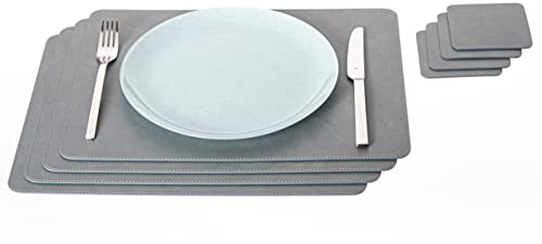 Nikalaz Lot de 4 sets de table et 4 dessous de verre en cuir recyclé, 45,7 x 33,02 et 10 x 10 cm, Gris (Schmutziges Grau)