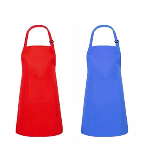 DDSHUN Delantal de chef para niños, delantales de pintura para niños, delantal ajustable para cocina, cocina y horneado, pintura, barbacoa, para niños y niñas, 2 unidades (rojo + azul), Multicolor,