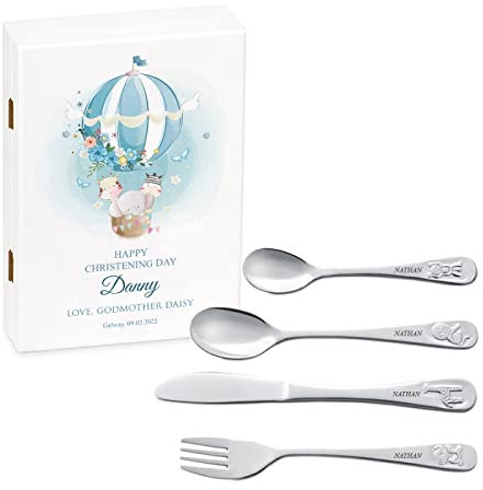 MAVERTON Kids Silverware in a Wooden Box – Personalised Animals Cutlery Set – Stainless Steel Engraved Utensil Set – for Boys - Adventure