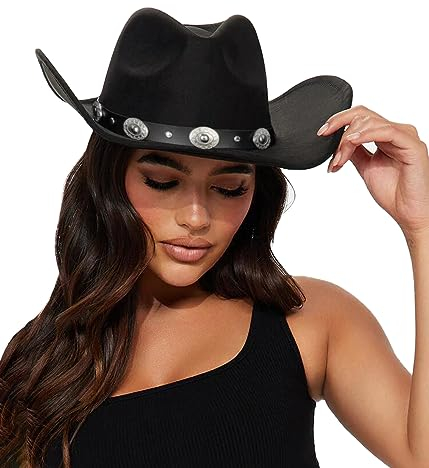 Eohak Cowboyhut für Damen, mit Nieten, breite Krempe, Gaucho-Hut, knautschbarer Fedora-Hut mit Gürtelschnalle, Größe M/L, Schwarz 3, M