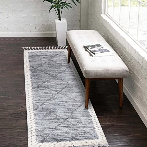 carpet city Teppich-Läufer Flur Boho-Stil Graublau, Creme - 80x300 cm - Raute-Bordüren-Look - Relief-Optik, 3D-Effekt - Cut-&Loop, Sisal - Moderne Fransen-Teppiche Schlafzimmer