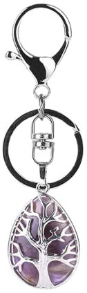 ZDHC Silberner Baum des Lebens Schlüsselanhänger Natürlicher Edelstein Wassertropfen Anhänger Auto Schlüsselanhänger Energie Heilung Kristall Tasche Charm für Frauen, amethyst, One size