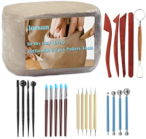 Jorsun Natural Air-Dry Clay Natural, Non-Toxic All-Purpose Compound 10LBs with 23 Pcs Pottery Tools Clay Sculpting Tool Set, All-Purpose Modeling Clay (Grey & Tools)