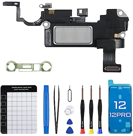 for iPhone 12 Earpiece Front Speaker Replacement for iPhone 12 pro Repair 6.1 inch Ear Module Part with Proximity Sensor Ambient Light Sensor Flex Cable Connector Fix Tool Kit for A2172 A2402 A2403