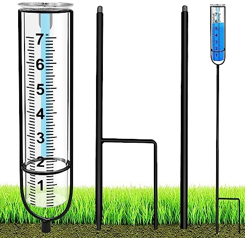 Rain Gauge for Outdoor, Freeze Proof Rain Guage Water Gauge for Rain Measure Gauge, Adjustable Height Glass Rain Gauge with Stake and Cleaning Brush, Plastic Rain Gauge for Yard Garden Lawn Decoration