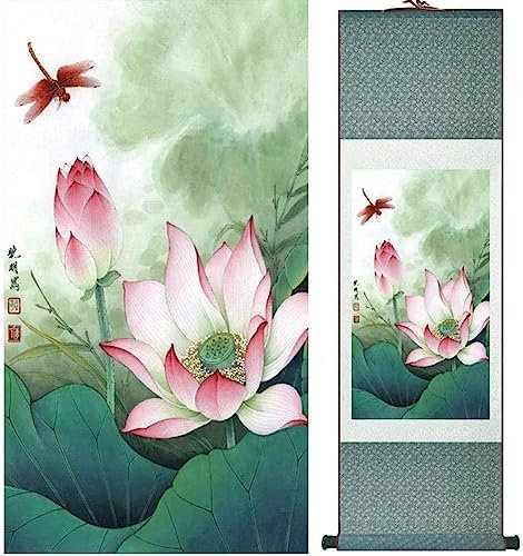 Hängende Rollbilder, Wanddekoration, Stil von Lotusblumen oder Seerosen, gelbe Verpackung, 140 cm x 45 cm, Größe: 100 cm x 30 cm, Farbe: Gree (Farbe: grüne Verpackung) (Farbe: G (Color : Yellow Packa