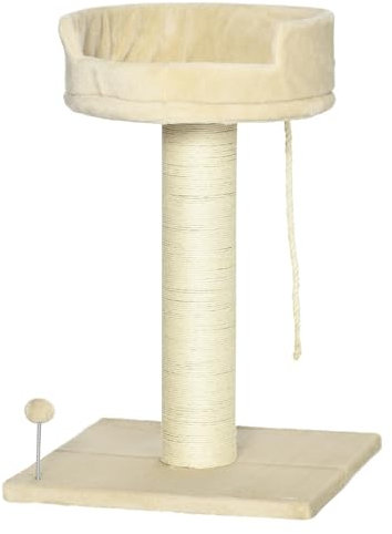 PawHut Albero Tiragraffi per Gatti con Lettino, Pallina e Corda per Giocare, Rivestimento in Peluche e Palo in Sisal, 55x55x83cm, Beige
