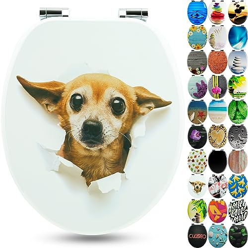 SANFINO® Premium WC Sitz mit Absenkautomatik – hochwertige Toilettendeckel aus Holz, viele bunte Motive, hoher Sitzkomfort, einfache Montage inklusive Montageanleitung – Chihuahua