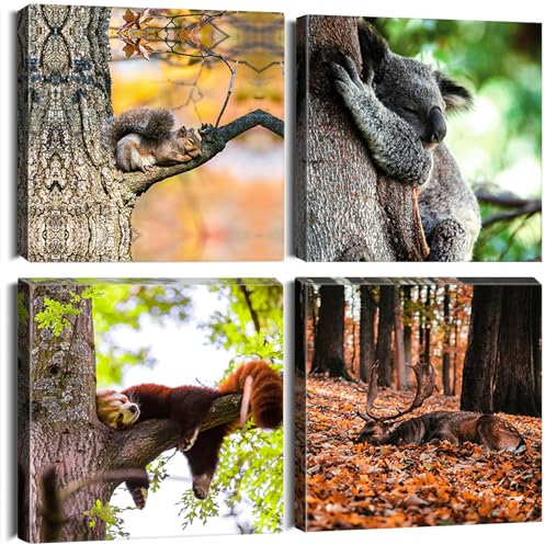 Sungeek 4 Teilig Leinwandbilder mit Holzrahme, Leinwanddruck Bilder 30 x 30 cm, Moderne Wandbilder Kunstdruck Wand Dekoration für Wohnzimmer Schlafzimmer Home Büro Esszimmer (Schlafende Tiere)