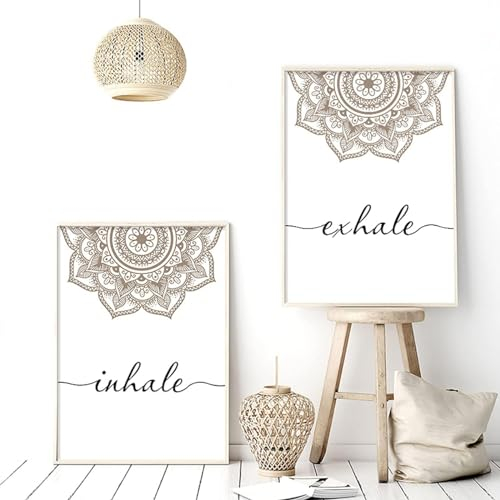 MHLCMG Leinwand Malerei Mandala Yoga Beige Inhale Exhale Bilder Wandkunst Minimalistisches Poster Kunstdruck Bild Wand Wohnzimmer Schlafzimmer Dekor Kein Rahmen (2X50X70CM,2)