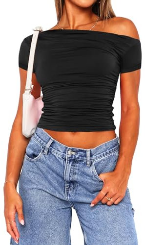 Navneet Women Sexy Off Shoulder Tops Y2k Going Out Crop Top Slim Fit Bardot Tops Basic Tops Blouse Tee A1 Black Off Shoulder Crop top S