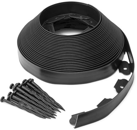 MOOWY Bordure de Pelouse Flexible Noir - 20 m x 4,5 cm, Bordure de Jardin Noir avec Piquets de Fixation, Installation sans Creuser pour Pelouses, Allées et Massifs de Fleurs