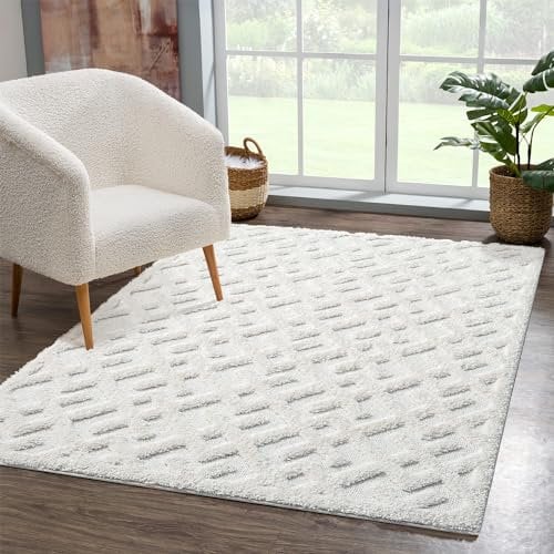 carpet city Teppich Wohnzimmer Hochflor Creme - 120x170 cm - Geometrisches Hochtief-Muster, 3D-Effekt - Bettvorleger Schlafzimmer Teppiche Boho, Skandi