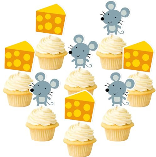 36Pcs Mouse and Cheese Cupcake Toppers Double Sided Printing Sweet Cheese Themed Party Decorations for First Birthday/Baby Shower/Mice Theme Birthday Rat Cheesy Smash Cake Supplies