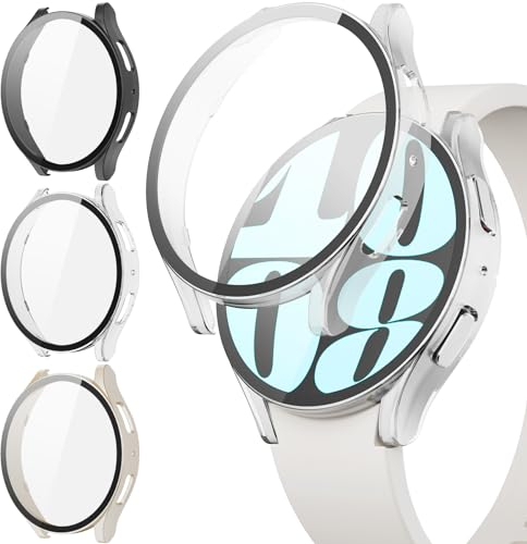 JYQ 3-Stück Schutzhülle mit Displayschutzfolie Kompatibel mit Samsung Galaxy Watch 6 40mm, Rundum Ultradünne Hard Gehäuse Eingebaut Kratzfest Gehärtetes Glas Schutzfolie für Samsung Watch 6 40mm