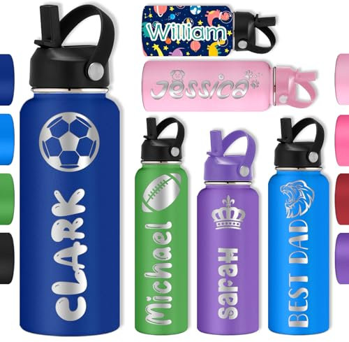 Bouteille d'eau personnalisée avec nom gravé avec icône pour enfants, adolescents, garçons et filles, cadeau de rentrée scolaire, voyage, gym, sport, bouteilles isothermes avec poignée à paille