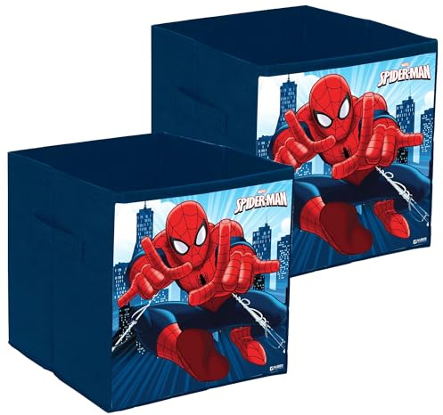 Kuber Industries Pack of 2 Collapsible Storage Box | Kids Toys Storage Organizer | Wardrobe Baskets for Clothes | Marvel Spiderman Print Foldable Box | Navy Blue